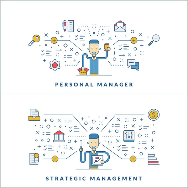 Personal manager. Strategic management. Social media. Flat line icons and businessman cartoon character. Business concept. Vector thin line illustration for website banner template or header — Stock Vector