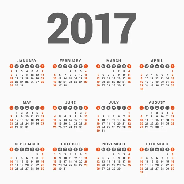 Kalendarz do 2017 roku na białym tle. Tydzień zaczyna się niedziela. Wektor prosty szablon. Papeterie szablon projektu — Wektor stockowy