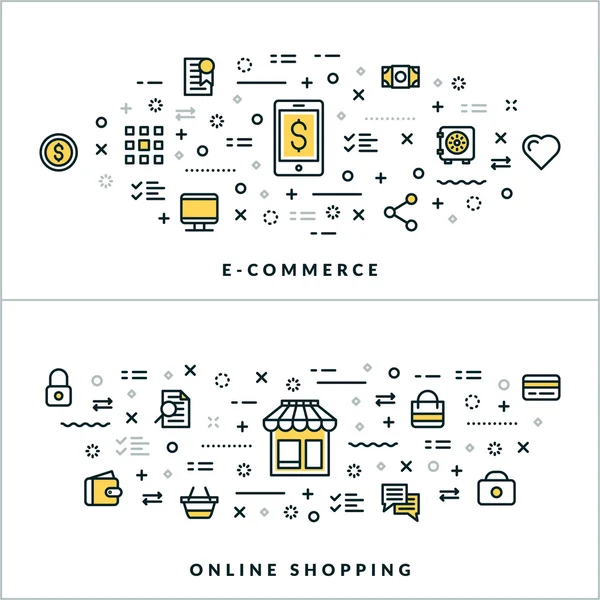 Základy E-Commerce a on-line nakupování s tenkou čárou. Vektorová ilustrace nápisu nebo záhlaví webu. Ikony plochých čar a prvků návrhu — Stockový vektor