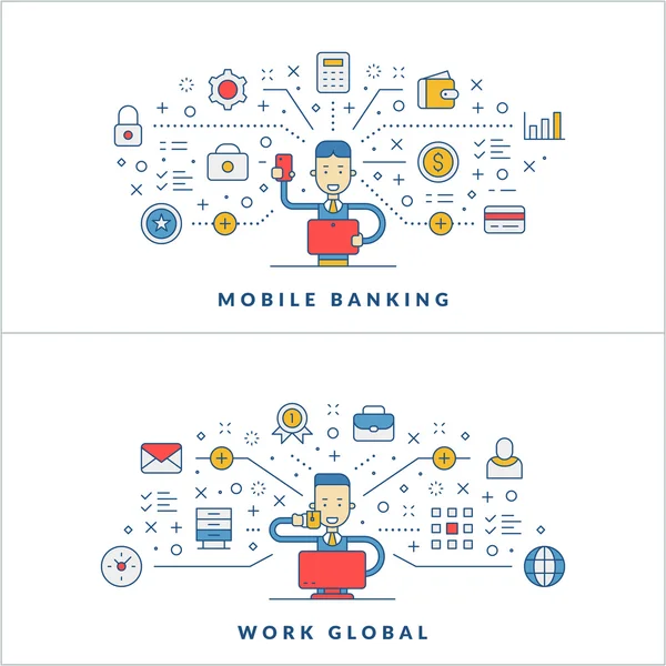 Mobile banking. Work global. Social media. Flat line icons and businessman cartoon character. Business concept. Vector thin line illustration for website banner template or header — Stock Vector