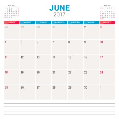 2017 Yılı Takvim Planlayıcısı. Notlar için Yer ile Vektör Tasarım Şablonu. Sayfada 3 Ay. Hafta Pazar başlar. Kırtasiye Tasarımı. Haziran 2017