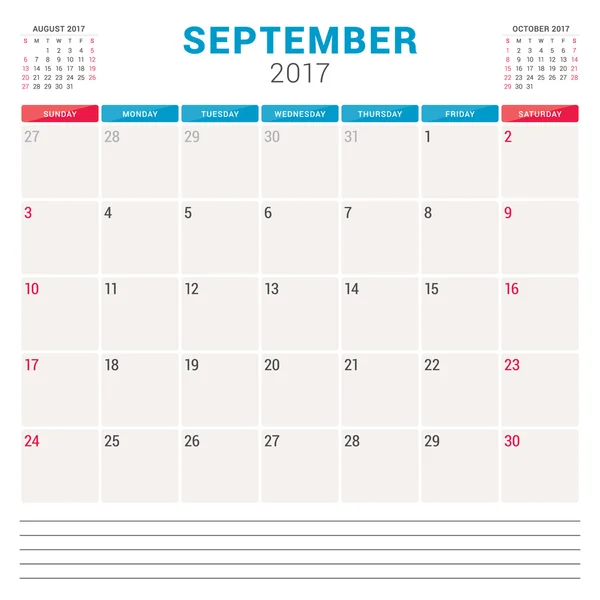 Planificador de Calendario 2017 Año. Plantilla de diseño vectorial con lugar para notas. 3 meses en la página. La semana empieza el domingo. Diseño de Papelería. Septiembre de 2017 — Vector de stock