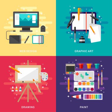 Grafik Sanatı Kavramsal Çizimler Seti. Web Tasarım, Grafik Sanat, Çizim, Boya. Düz Stil Vektör Çizimi