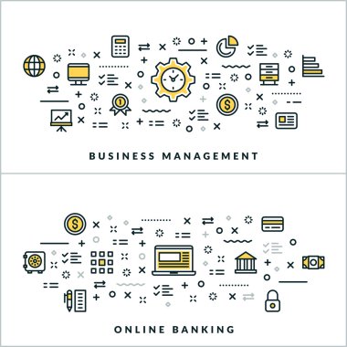Vektör İnce Hat İşletme Yönetimi ve Online Bankacılık Kavramları. Web Sitesi Banner veya Üstbilgi için Vektör İllüstrasyon. Düz Çizgi Simgeleri ve Tasarım Öğeleri
