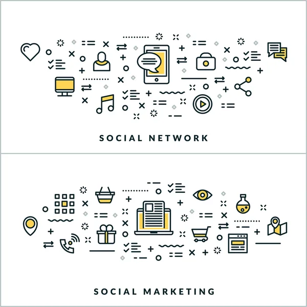 Vector Thin Line Social Network and Social Marketing Concepts. Vector Illustration for Website Banner or Header. Flat Line Icons and Design Elements — Stock Vector