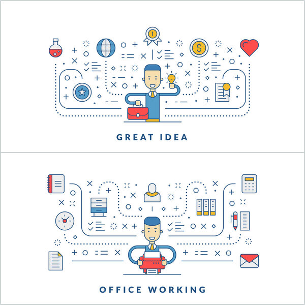 Отличная идея. Офис работает. Плоская линия и карикатурный персонаж бизнесмена. Бизнес-концепция. Векторная тонкая линия иллюстрации для шаблона баннера сайта или заголовка
