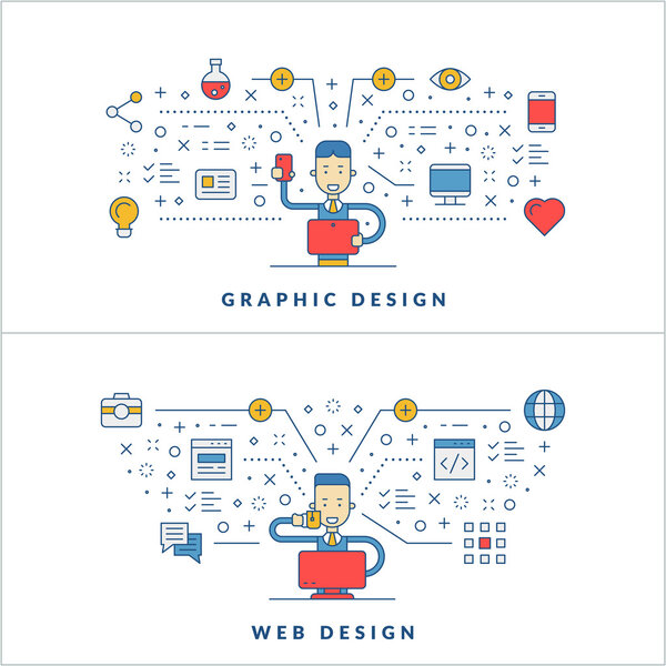 Графический дизайн. Веб дизайн. Социальные сети. Плоская линия и карикатурный персонаж бизнесмена. Бизнес-концепция. Векторная тонкая линия иллюстрации для шаблона баннера сайта или заголовка
