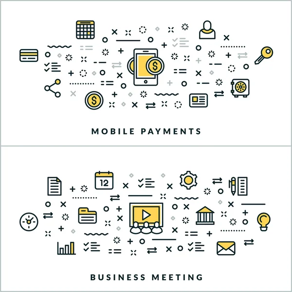 Vector Thin Line Mobile Payments and Business Meeting Concepts. Illustration vectorielle pour bannière ou en-tête de site Web. Icônes de ligne plate et éléments de conception — Image vectorielle