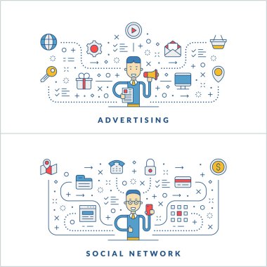 Advertisng. Sosyal ağ. Düz çizgi simgeler ve işadamı çizgi film karakteri. İş kavramı. Vektör ince çizgi çizim için Web sitesi banner şablon veya üstbilgi