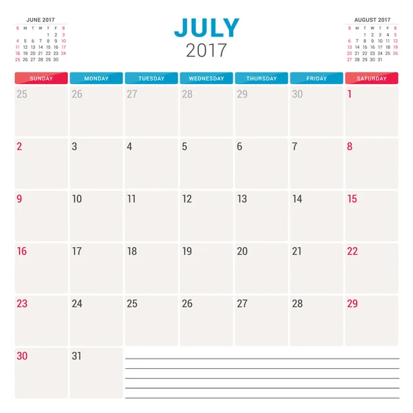 Kalendern Planner för 2017 år. Vector formgivningsmall med plats för anteckningar. 3 månader på sidan. Veckan börjar söndag. Pappersvaror Design. Juli 2017 — Stock vektor