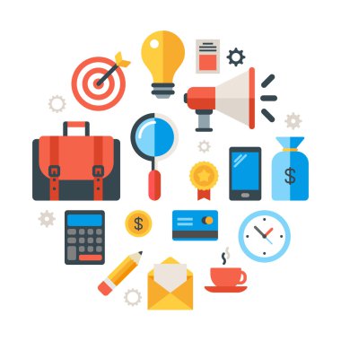 İş nesneler ve simgeler daire şeklinde. Case, lamba, kartı, hesap makinesi, akıllı telefon, posta, kahve, para. Vektör Illustr