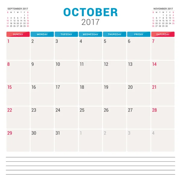 Kalenderplaner für 2017 Jahr. Vektor-Design-Vorlage mit Platz für Notizen. 3 Monate auf Seite. Die Woche beginnt am Sonntag. Schreibwarendesign. Oktober 2017 — Stockvektor