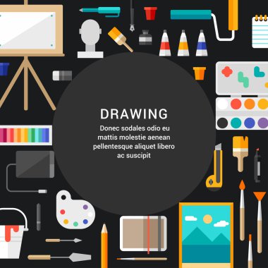 Drawing Concept. Flat Style Vector Illustration with Place for Text. Painting Tools and Appliances