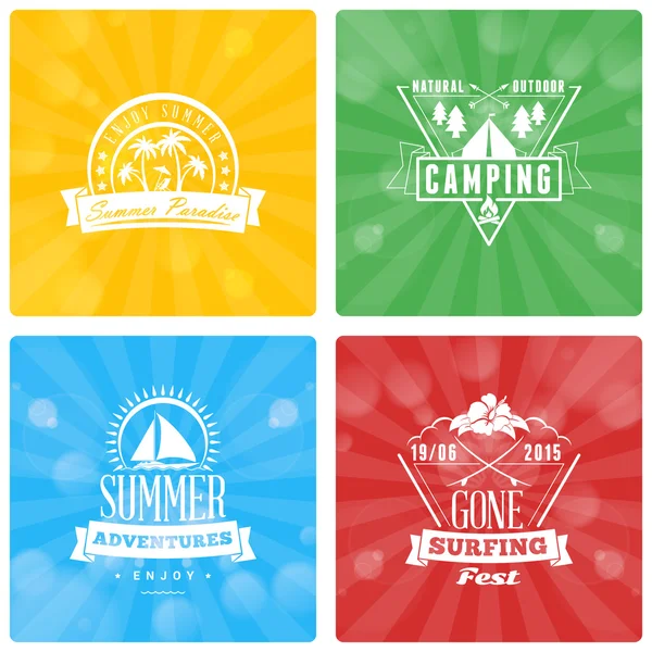 Verzameling van de zomer vakantie ontwerpelementen op kleurrijke achtergrond. Strandvakantie, Party, reis, Camping — Stockvector