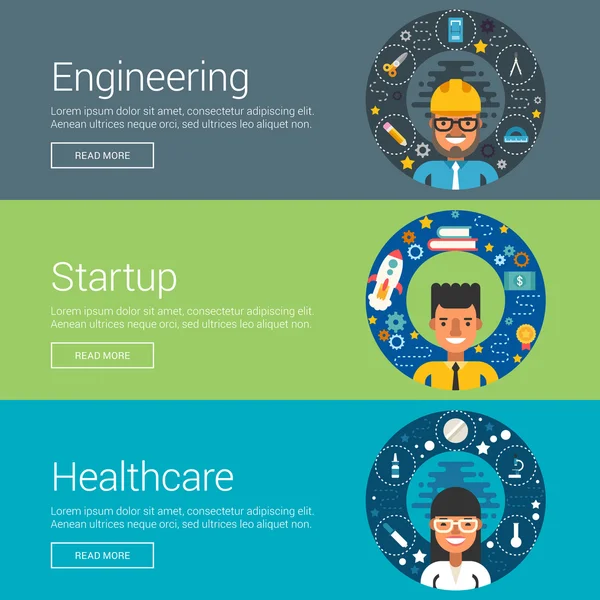 Engineering. Startup. Healthcare. Flat Design Vector Illustration Concepts for Web Banners and Promotional Materials — Stock Vector