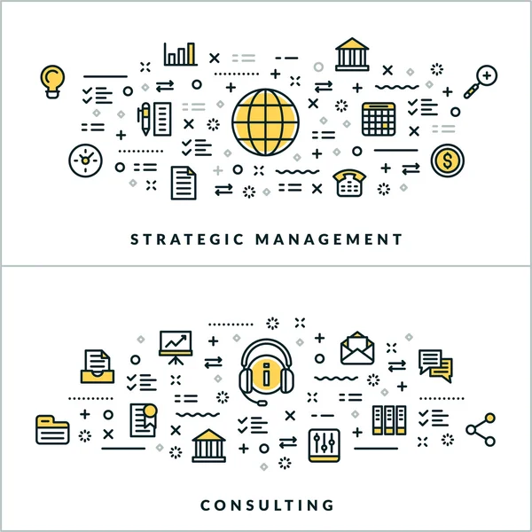 Vector Thin Line Strategic Management and Consulting Concepts (en inglés). Ilustración vectorial para banner o encabezado del sitio web. Iconos de línea plana y elementos de diseño — Archivo Imágenes Vectoriales