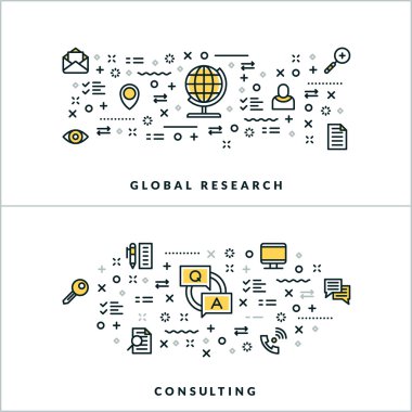 Vector Thin Line Global Research and Consulting Concepts. Vector Illustration for Website Banner or Header. Flat Line Icons and Design Elements
