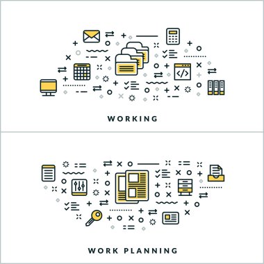 Vector Thin Line Working and Work Planning Concepts. Vector Illustration for Website Banner or Header. Flat Line Icons and Design Elements