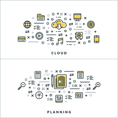 Vektör İnce Çizgi Bulut ve Planlama Kavramları. Web Sitesi Banner veya Üstbilgi için Vektör İllüstrasyon. Düz Çizgi Simgeleri ve Tasarım Öğeleri