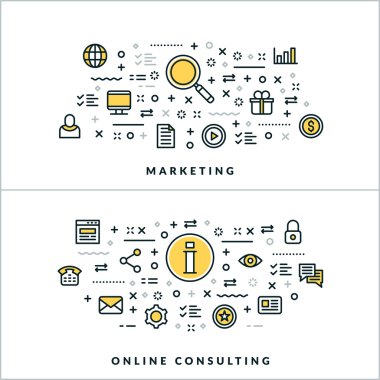 Vektör İnce Hat Pazarlama ve Online Danışmanlık Kavramları. Web Sitesi Banner veya Üstbilgi için Vektör İllüstrasyon. Düz Çizgi Simgeleri ve Tasarım Öğeleri