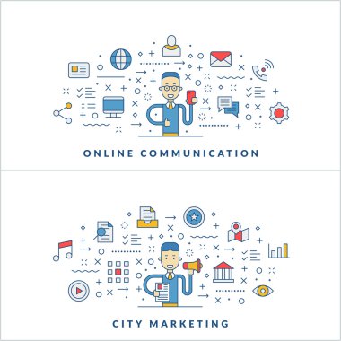 Çevrimiçi iletişim. Şehir pazarlaması. Düz çizgi simgeleri ve işadamı çizgi film karakteri. İş konsepti. Web sitesi afiş şablonu veya üstbilgi için vektör ince çizgi çizimi