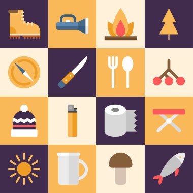 Düz Stil Vektör Seyahat Simgeleri kümesi. Turizm, Seyahat, Yürüyüş Konsepti