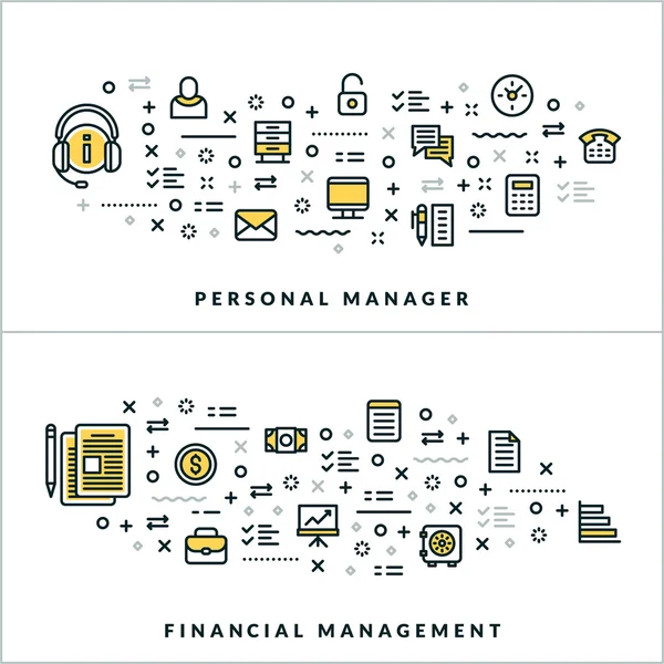 Vector Thin Line Personal Manager and Financial Management Concepts. Vector Illustration for Website Banner or Header. Flat Line Icons and Design Elements — Stock Vector