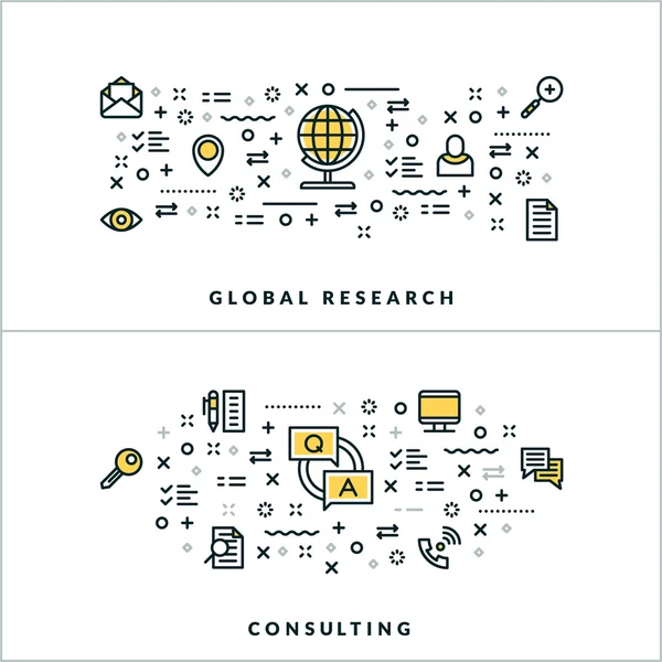 Vector Thin Line Global Research and Consulting Concepts. Vector Illustration for Website Banner or Header. Flat Line Icons and Design Elements — Stock Vector