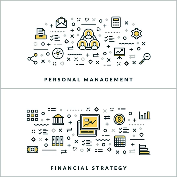 Vector Thin Line Gestão Pessoal e Conceitos de Estratégia Financeira. Ilustração vetorial para banner ou cabeçalho do site. Ícones de linha plana e elementos de design —  Vetores de Stock