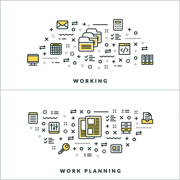 Vector Thin Line Working and Work Planning Concepts. Vector Illustration for Website Banner or Header. Flat Line Icons and Design Elements — 图库矢量图片