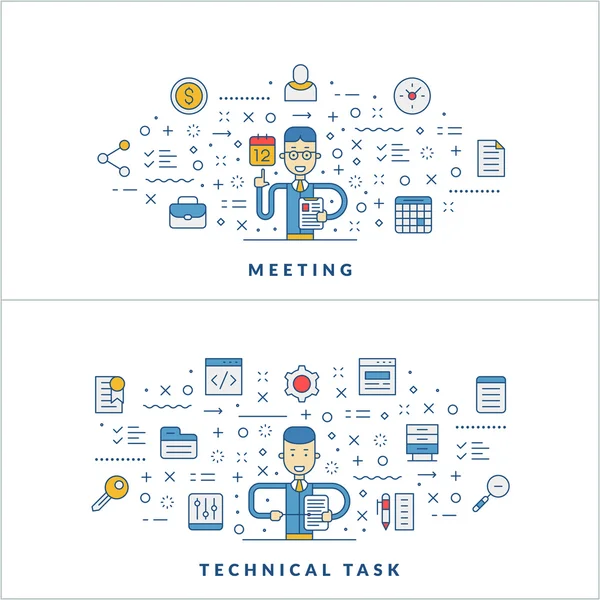 Reunión. Tarea técnica. Iconos de línea plana y personaje de dibujos animados hombre de negocios. Concepto de negocio. Ilustración de línea delgada vectorial para plantilla de banner o encabezado del sitio web — Vector de stock