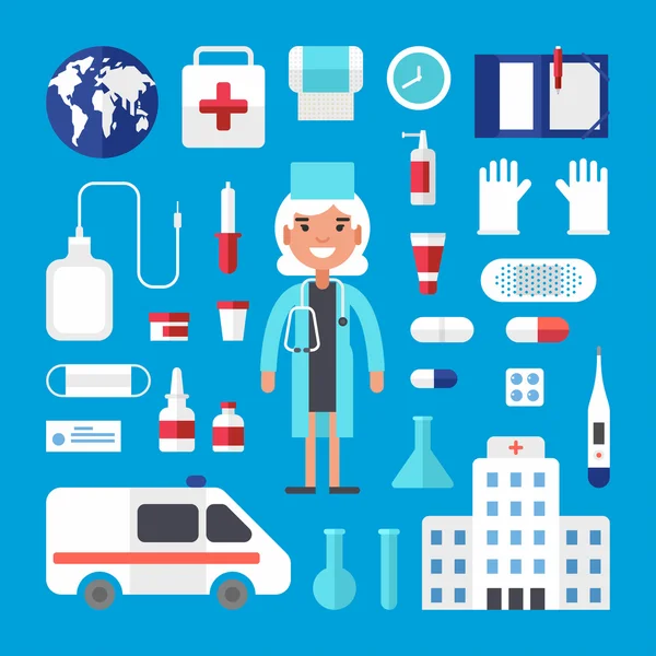 Set of Vector Icons and Illustrations in Flat Design Style. Profession Medicine Doctor. Female Cartoon Character Surrounded by Medical Appliances — Stok Vektör