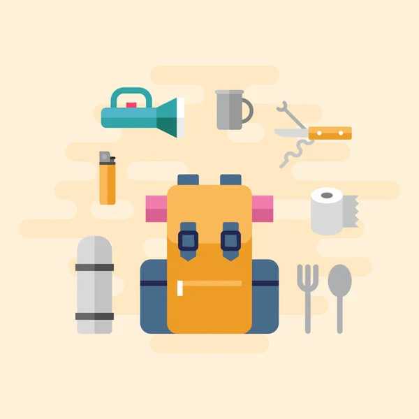 Kit de viagem com mochila e material de acampamento. Ilustração vetorial em estilo de design plano — Vetor de Stock