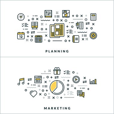 Planlama ve pazarlama kavramları vektör ince çizgi. Web sitesi başlık sayfası veya üstbilgi için vektör çizim. Düz çizgi simgeler ve tasarım öğeleri