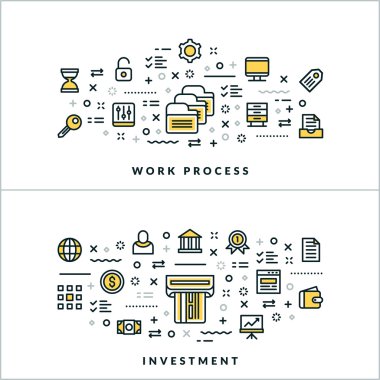 Vector Thin Line Work Process and Investment Concepts. Vector Illustration for Website Banner or Header. Flat Line Icons and Design Elements clipart