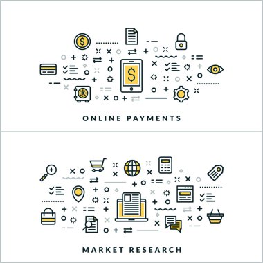 Vektör ince çizgi Online ödemeler ve Pazar araştırması kavramları. Web sitesi başlık sayfası veya üstbilgi için vektör çizim. Düz çizgi simgeler ve tasarım öğeleri