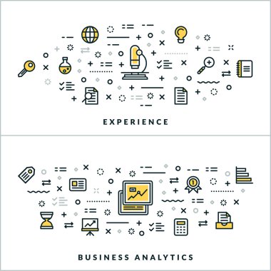 Vektör ince çizgi deneyim ve iş analitik kavramları. Web sitesi başlık sayfası veya üstbilgi için vektör çizim. Düz çizgi simgeler ve tasarım öğeleri