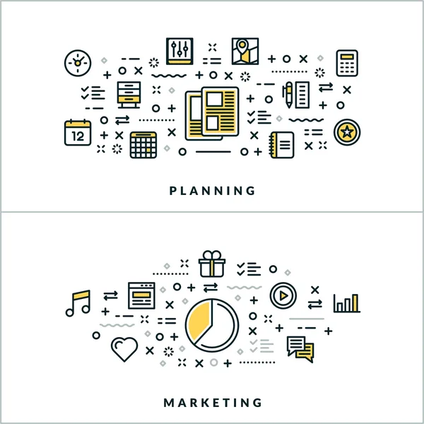 Planlama ve pazarlama kavramları vektör ince çizgi. Web sitesi başlık sayfası veya üstbilgi için vektör çizim. Düz çizgi simgeler ve tasarım öğeleri