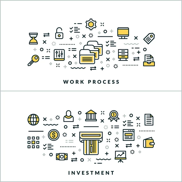 Vector Thin Line Work Process and Investment Concepts. Illustration vectorielle pour bannière ou en-tête de site Web. Icônes de ligne plate et éléments de conception — Image vectorielle