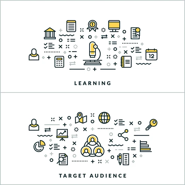 Vector Thin Line Learning and Target Audience Concepts (dalam bahasa Inggris). Vector Illustration for Website Banner or Header (dalam bahasa Inggris). Ikon Baris Rata dan Unsur Desain - Stok Vektor