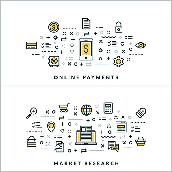 Vektorové tenká linie Online platby a pojetí výzkumu trhu. Vektorové ilustrace pro web Banner nebo záhlaví. Rovná čára ikony a prvky návrhu — Stockový vektor
