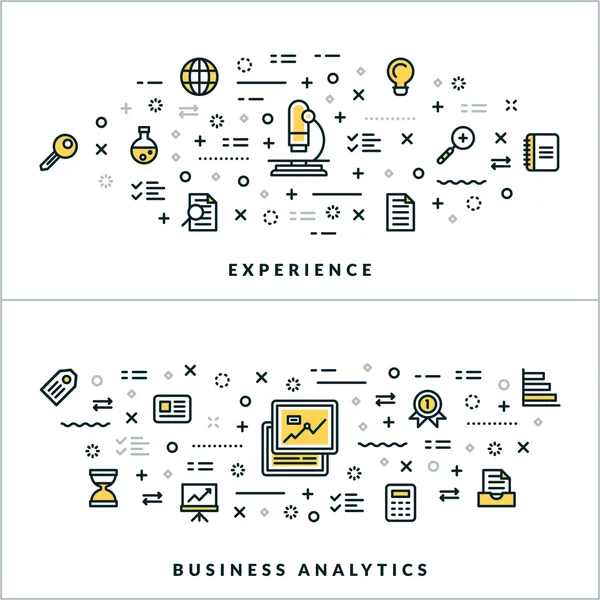 Vektör ince çizgi deneyim ve iş analitik kavramları. Web sitesi başlık sayfası veya üstbilgi için vektör çizim. Düz çizgi simgeler ve tasarım öğeleri