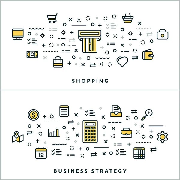 ベクトルの細い線のショッピングやビジネス戦略の概念。ベクトルのウェブサイトのバナーやヘッダー イラスト。フラット ライン アイコンとデザイン要素 — ストックベクタ