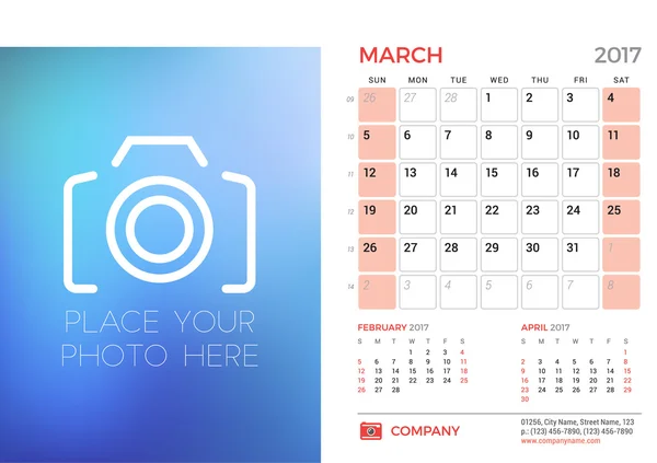 Desk Calendar Template for 2017 Year. March. Design Template with Place for Photo. 3 Months on Page. Vector Illustration. Stationery Design — Stock Vector