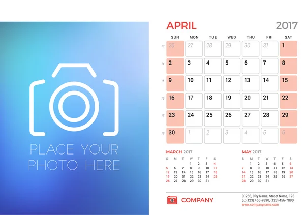 Desk Calendar Template for 2017 Year. April. Design Template with Place for Photo. 3 Months on Page. Vector Illustration. Stationery Design — Stock Vector