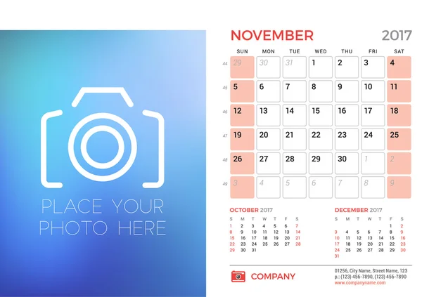 Tischkalender Vorlage für 2017 Jahr. November. Designvorlage mit Platz für Foto. 3 Monate auf Seite. Vektorillustration. Schreibwarendesign — Stockvektor