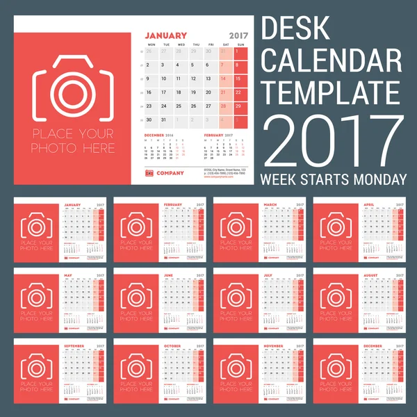 Skrivbord kalendermall för 2017 år. 12 månader. Formgivningsmall med plats för foto. 3 månader på sidan. Vektor Illustration. Veckan börjar måndag. Pappersvaror Design — Stock vektor