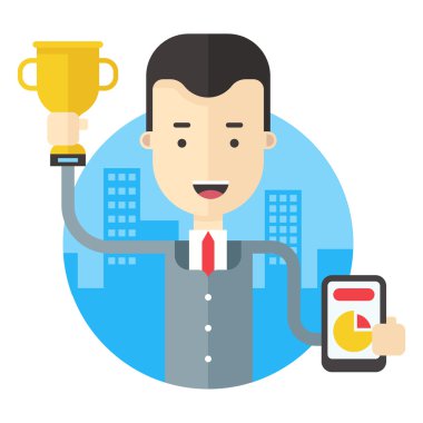 Takım elbiseli adam elinde bir ödül bardağı ve pasta grafiği olan bir tablet tutuyor. Düz vektör çizimi