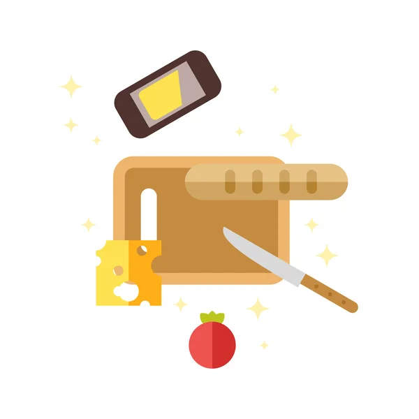 Gotowania. Deska do krojenia z sera, chleba, masła i pomidor. Ilustracja wektorowa urządzony — Wektor stockowy