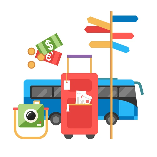 Turist Bagaj otobüs. Para, kamera ve yol işareti. Düz stil vektör çizim — Stok Vektör